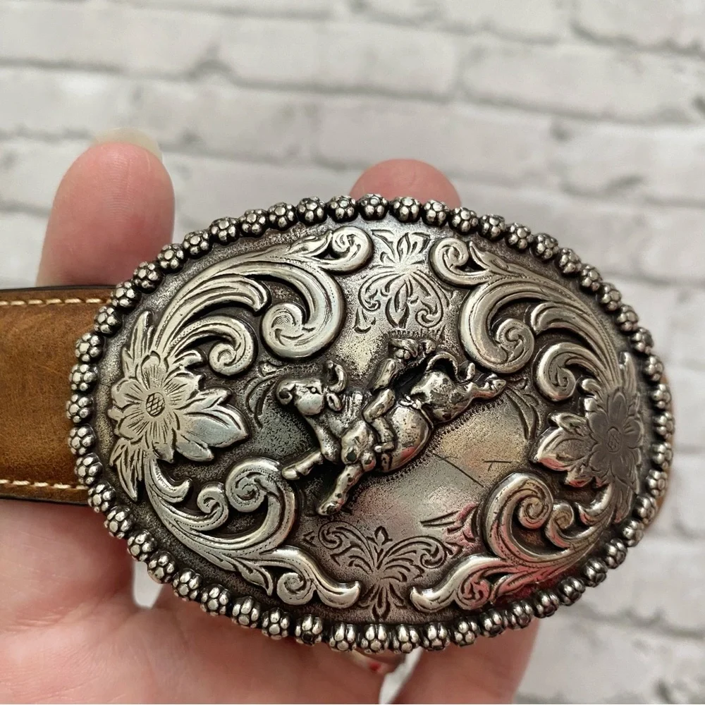 Kids Nocona Genuine Brown Leather Belt With Bull Rider Silver Buckle